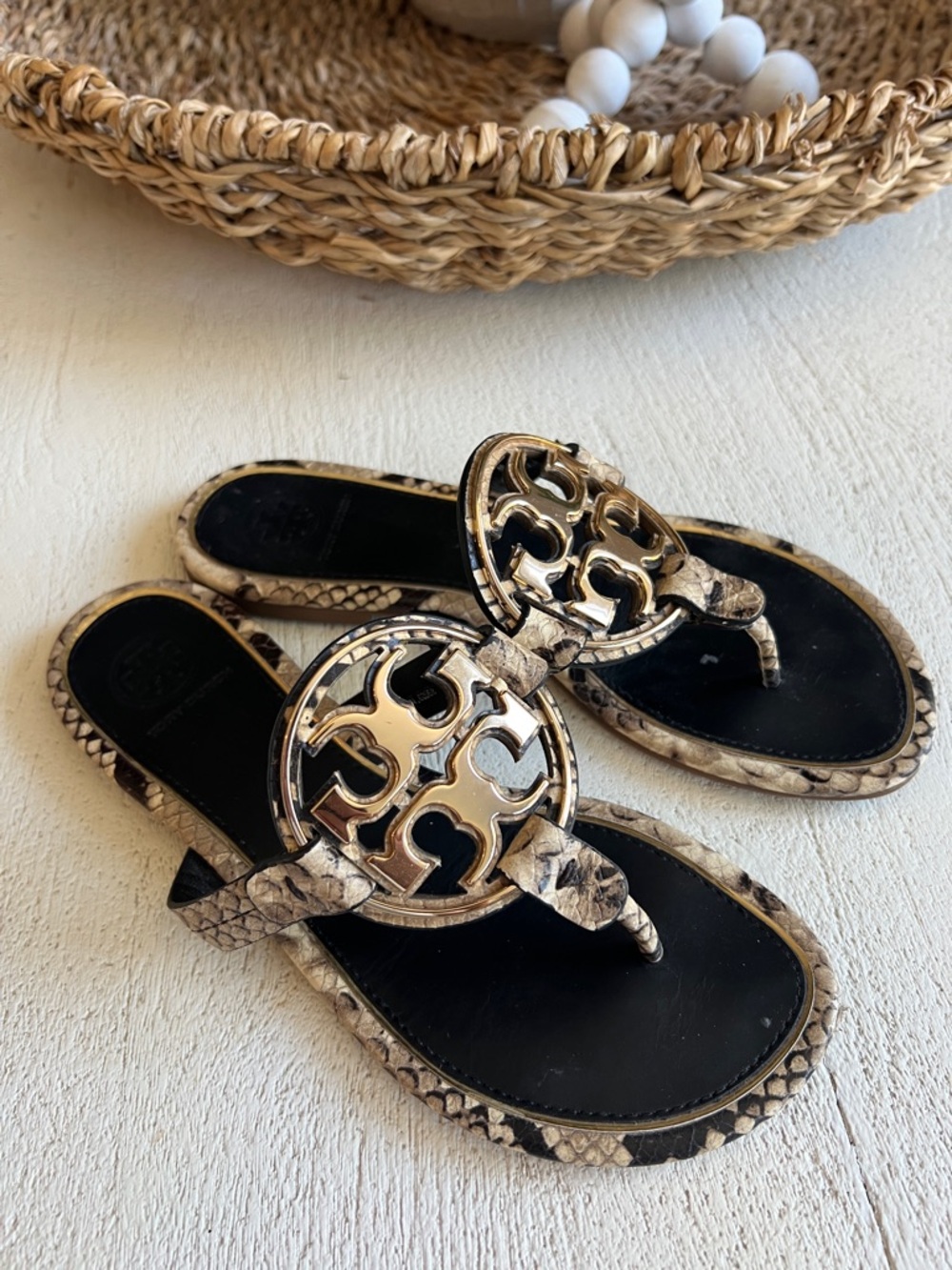Tory Burch Black and Beige Snake-Print Miller Sandals with Gold Logo - Picture 3 of 6